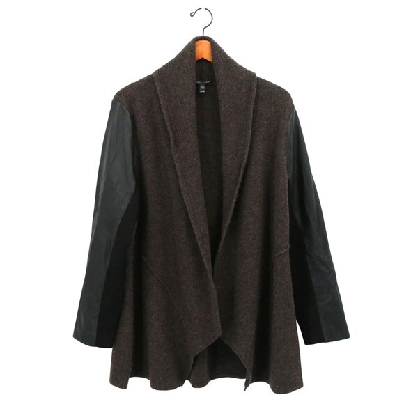 Eileen Fisher Peat Brown Wool Black Leather Sleeves Cardigan Sweater Jacket XL - Picture 3 of 6